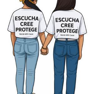 Sticker Die-Cut “Escucha, Cree, Protege” (Ilustración – Dos chicas tomadas de la mano)