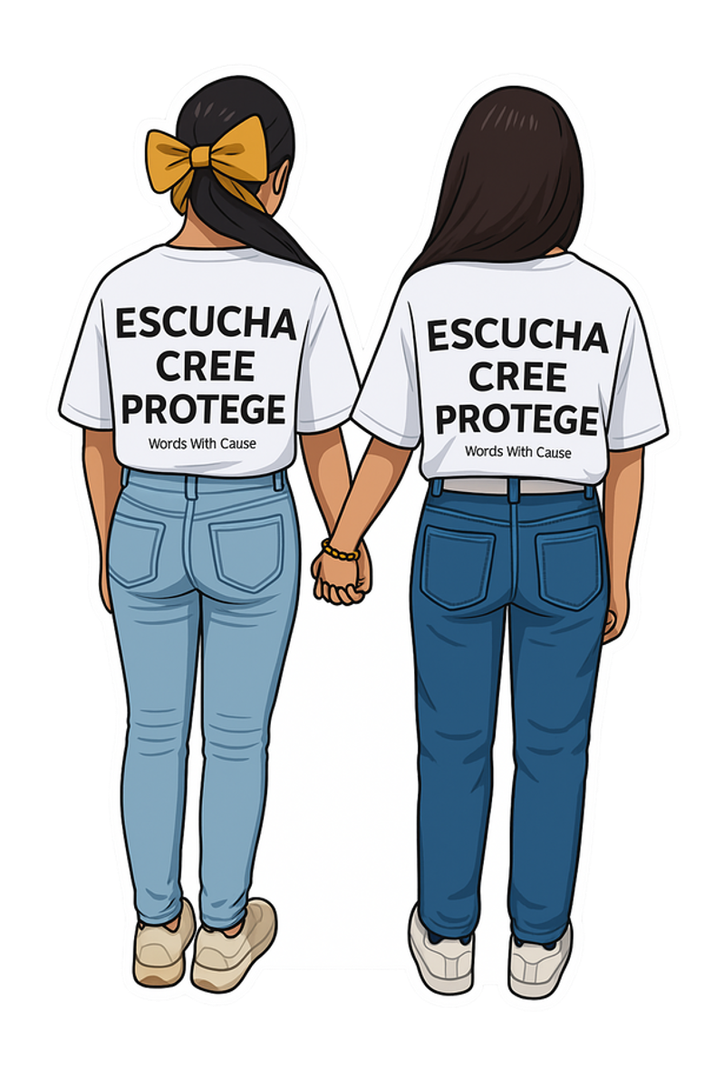 Sticker Die-Cut “Escucha, Cree, Protege” (Ilustración – Dos chicas tomadas de la mano)
